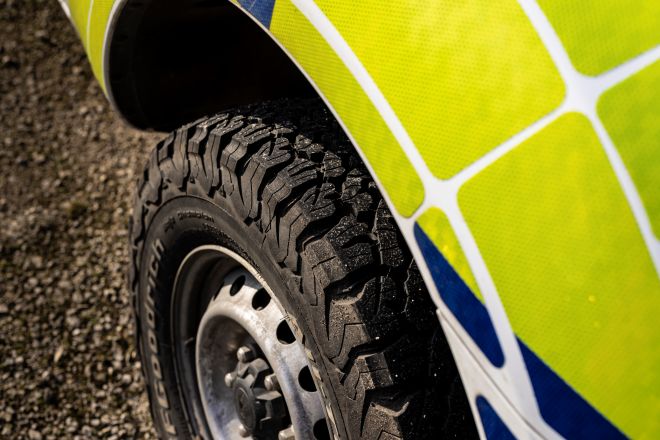 Close up of police vehicle tyre on road surface