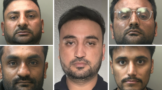Collage of five men, each with dark facial hair and one man wearing glasses