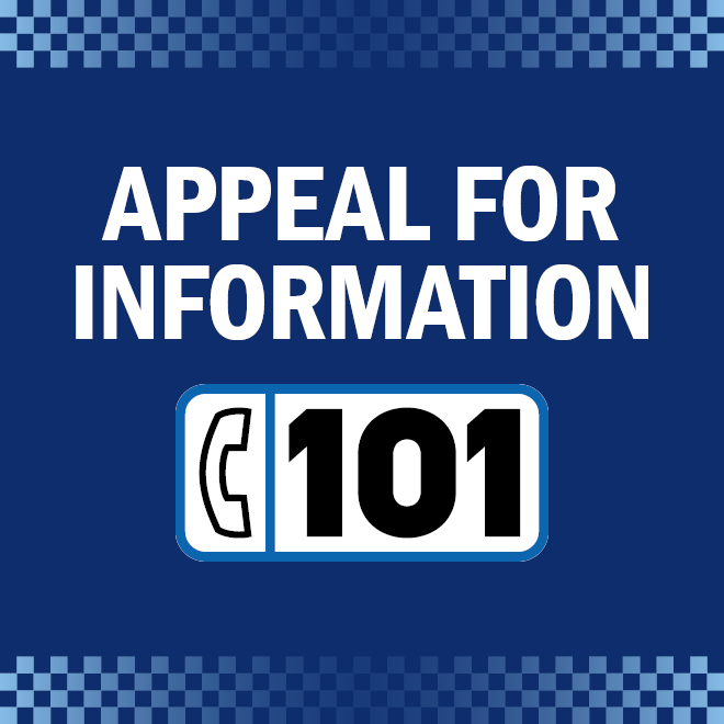The words appeal for information and 101 in white writing on a blue background. 